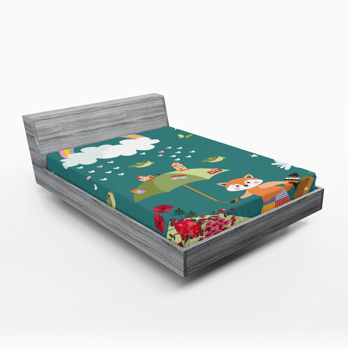 ABAKUHAUS Hoeslaken met vossenprint, bosdieren, hartjes en bloemen, zachte decoratieve stof met elastische band, 160 x 200 cm, groenroze