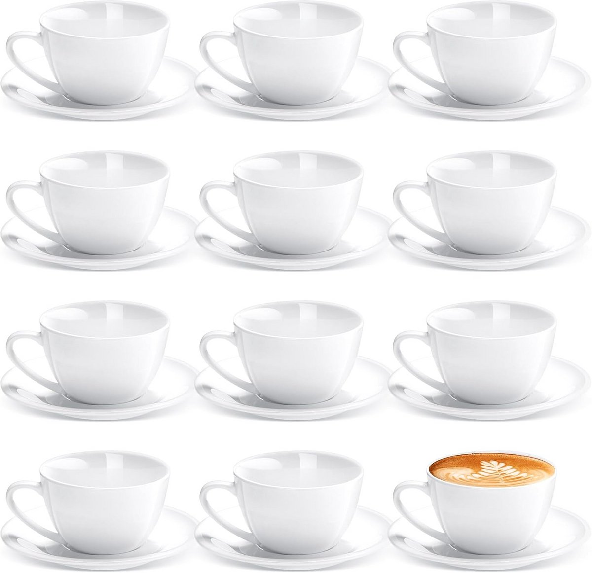 Set van 12 Porseleinen Cappuccino Kopjes met Schotels - Wit Keramisch Koffiekopjes Set