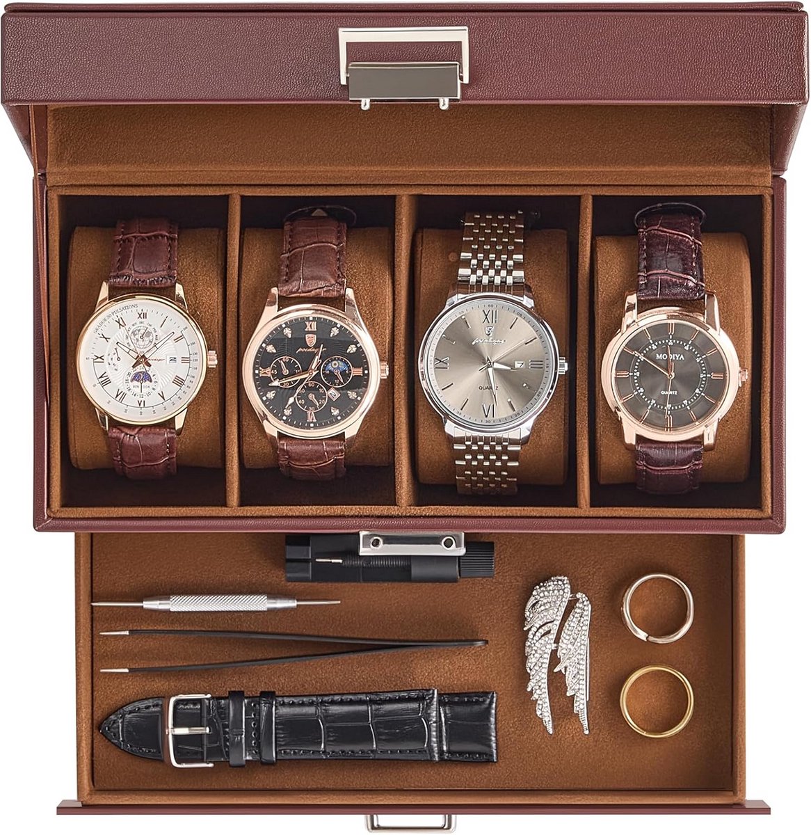Luxe Horlogedoos met 4 Vakken en Glazen Deksel - Sieradendoos voor Heren en Dames