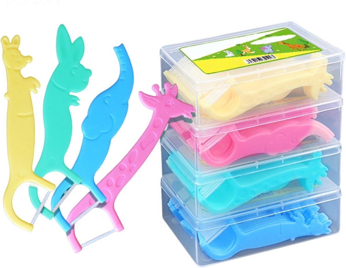 80x Kindertandflosdraad Stokjes in 4 Kleuren - Flos Plectrums met Dierenfiguren