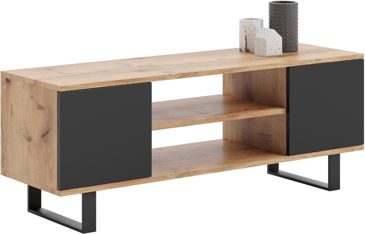 TV-kast industrieel 135x40x49 cm | Gouden Eiken & Zwart | Functionele TV-meubel met opbergruimte en metalen poten | RTV-meubel woonkamer | Abkantoor