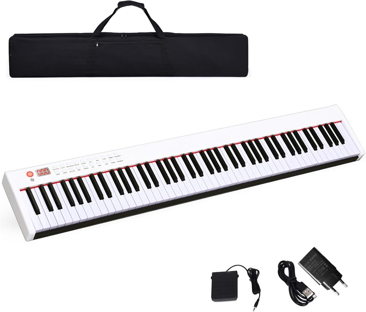88-toetsen elektronische piano - semi-gewogen toetsen met Bluetooth en oplaadbare batterij, inclusief sustainpedaal en draagtas - wit