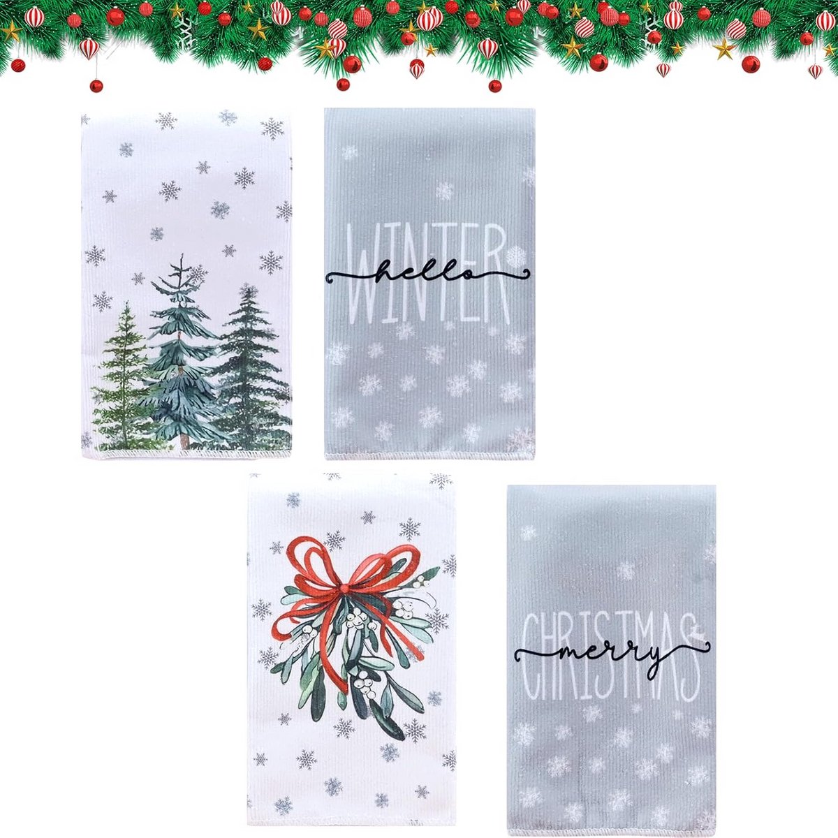 Set van 4 Microvezel Theedoeken Kerst Dessin - Keukentextiel voor Feestdagen