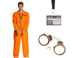 Partyxclusive 3- Delig Oranje Gevangenis Kostuum Heren Jumpsuit/Handboeien/Keycord met Badge Boevenpak Carnaval Themafeest Verkleedkleding Volwassenen - oranje - Polyester - Jumpsuit -M