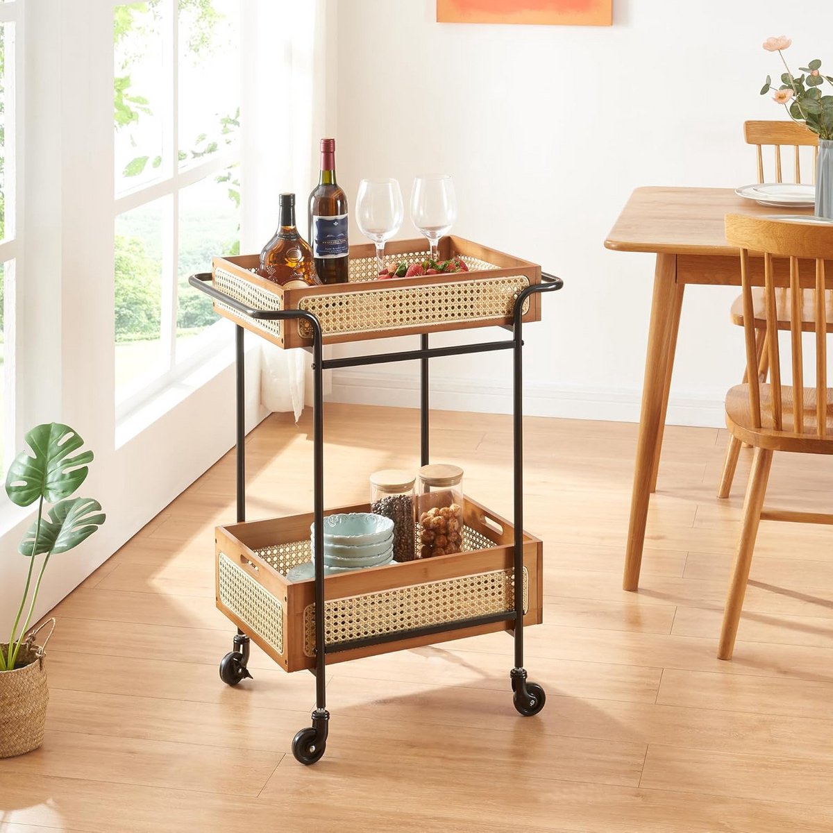 Keukentrolley met 2 manden bamboe metalen frame 81x61x39 cm zwart houtkleurig