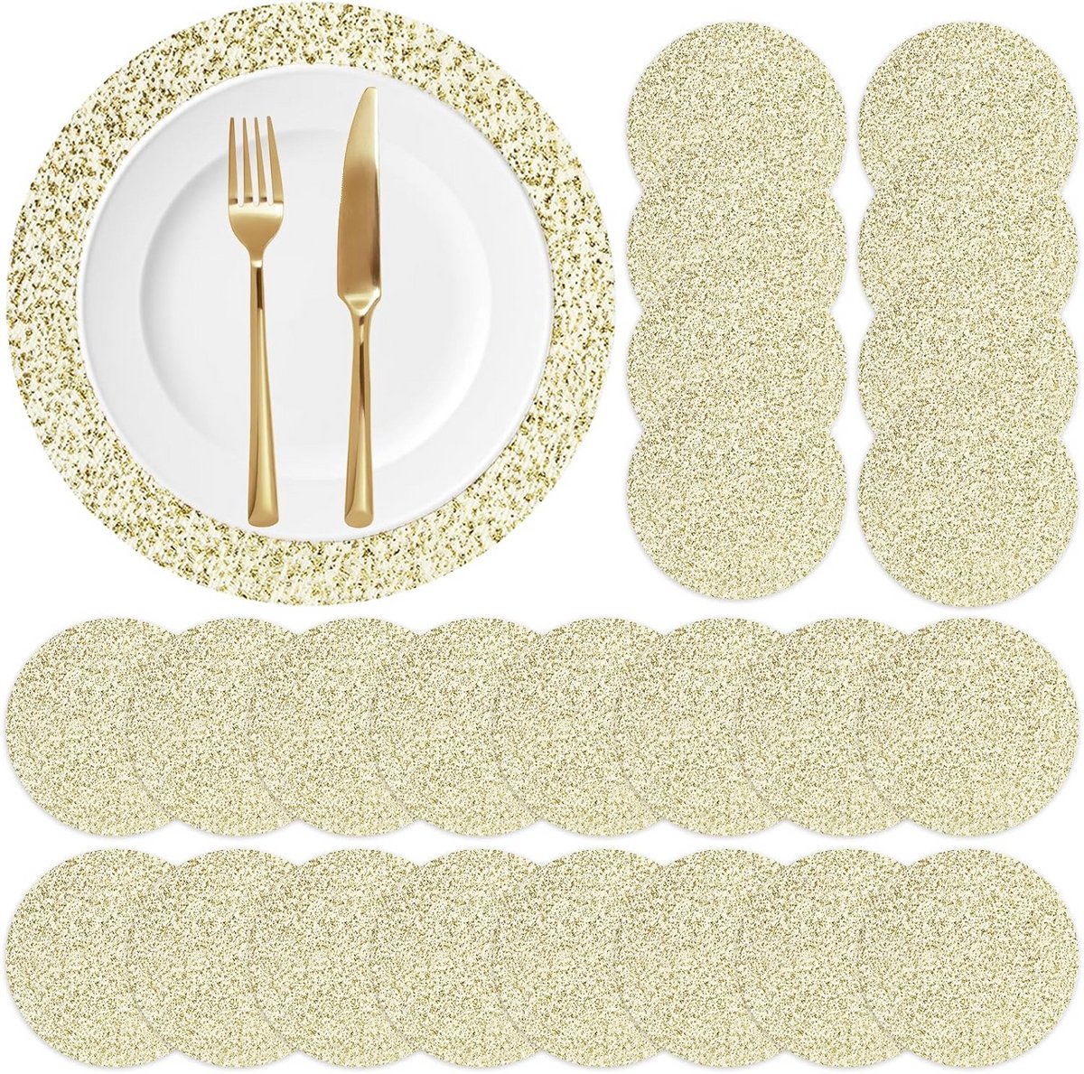 Set van 24 Ronde Gouden Placemats 33 cm met Fijn Folie Netdesign voor Feest en Diner