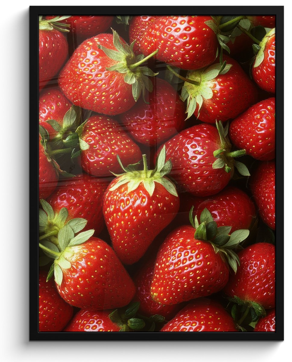 FrameYourWall Poster in lijst - Fotolijst 50x70 cm - Posters - Aardbei - Fruit - Rood - Posterlijst zwart - Decoratie - Wanddecoratie woonkamer - Muurdecoratie slaapkamer Aardbeien