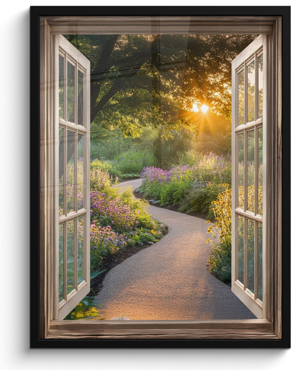 FrameYourWall Poster in lijst - Fotolijst 50x70 cm - Posters - Doorkijk - Bloemen - Natuur - Zon - Pad - Posterlijst zwart - Decoratie - Wanddecoratie woonkamer - Muurdecoratie slaapkamer
