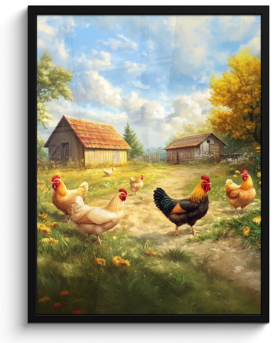 FrameYourWall Poster in lijst - Fotolijst 50x70 cm - Posters - Kippen - Landelijke rust - Natuur - Posterlijst zwart - Decoratie - Wanddecoratie woonkamer - Muurdecoratie slaapkamer Kippen - Natuur