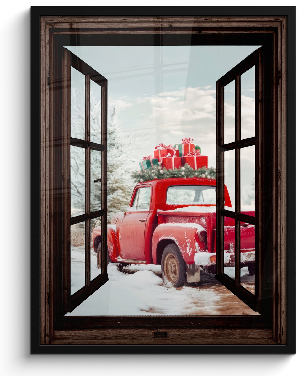 FrameYourWall Poster in lijst - Fotolijst 50x70 cm - Posters - Doorkijk - Auto - Rood - Cadeaus - Winterlandschap - Kerst - Posterlijst zwart - Decoratie - Wanddecoratie woonkamer - Muurdecoratie slaapkamer - Kerstversiering - Kerstdecoratie voor binnen - Kerstmis