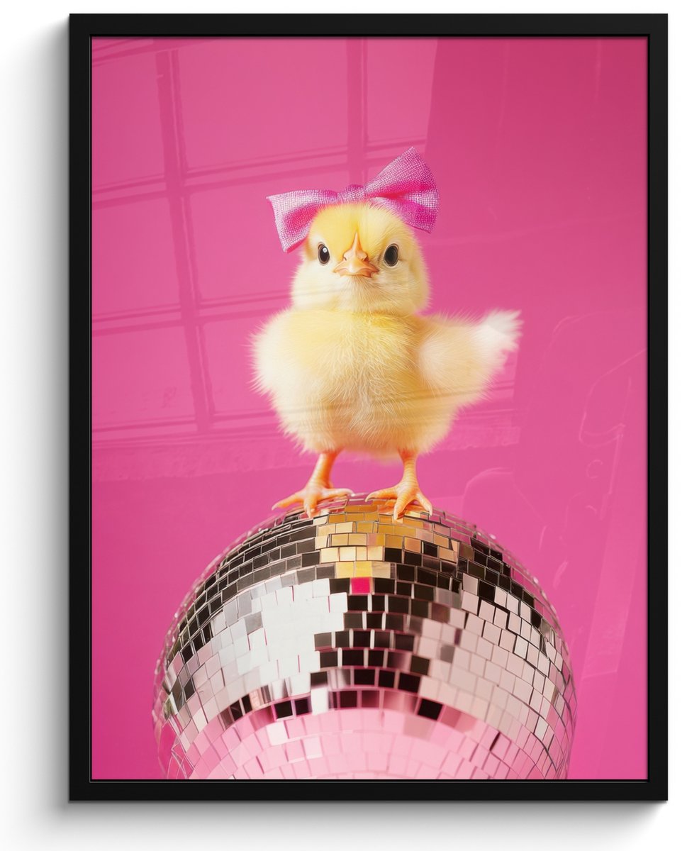 FrameYourWall Poster in lijst - Fotolijst 50x70 cm - Posters - Discobal - Kuiken - Strik - Posterlijst zwart - Decoratie - Wanddecoratie woonkamer - Muurdecoratie slaapkamer Kuiken - Disco