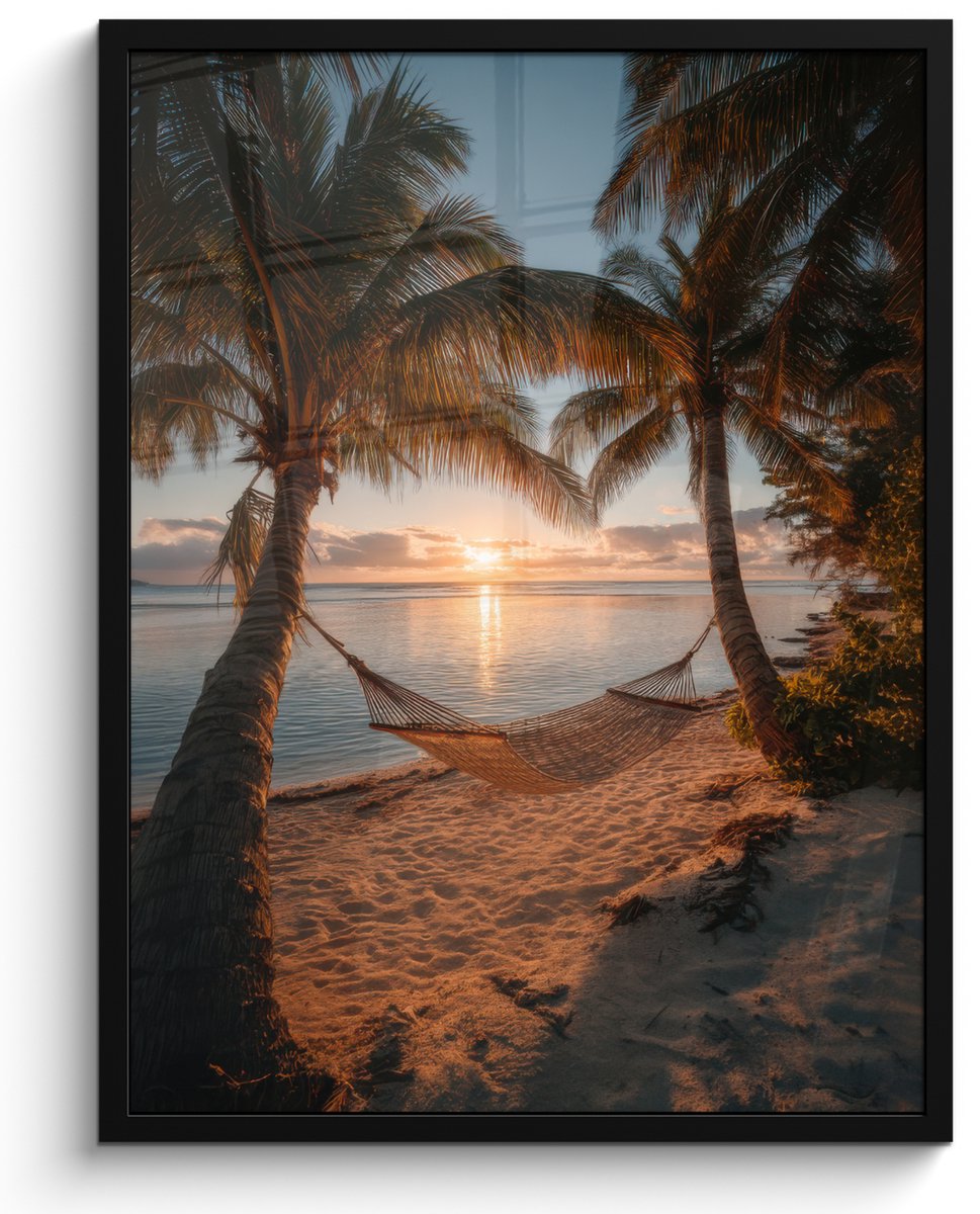 FrameYourWall Poster in lijst - Fotolijst 50x70 cm - Posters - Palmbomen - Hangmat - Strand - Zonsondergang - Posterlijst zwart - Decoratie - Wanddecoratie woonkamer - Muurdecoratie slaapkamer