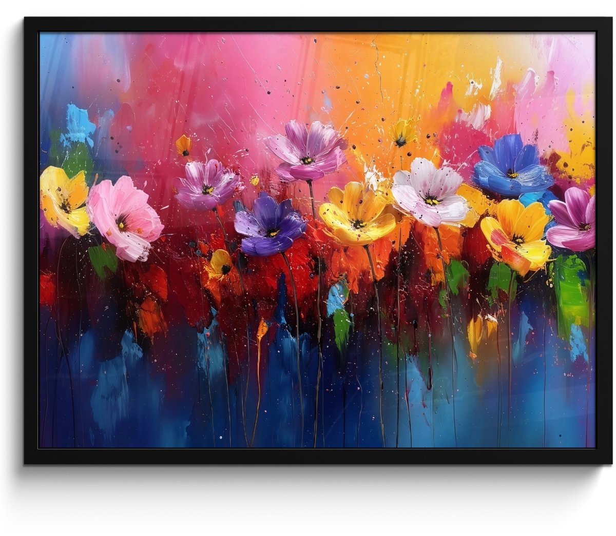 FrameYourWall Poster in lijst - Fotolijst 70x50 cm - Posters - Fantasiebloemen - Verf - Speels - Posterlijst zwart - Decoratie - Wanddecoratie woonkamer - Muurdecoratie slaapkamer Bloemen - Verf - Kleurrijk