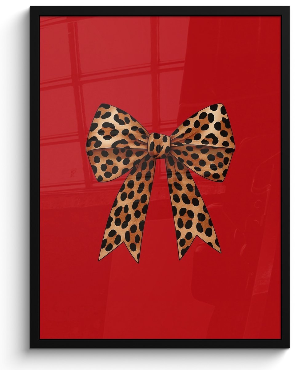 FrameYourWall Poster in lijst - Fotolijst 50x70 cm - Posters - Strik - Sierlijk - Panter - Rood - Posterlijst zwart - Decoratie - Wanddecoratie woonkamer - Muurdecoratie slaapkamer Strik - Panterprint