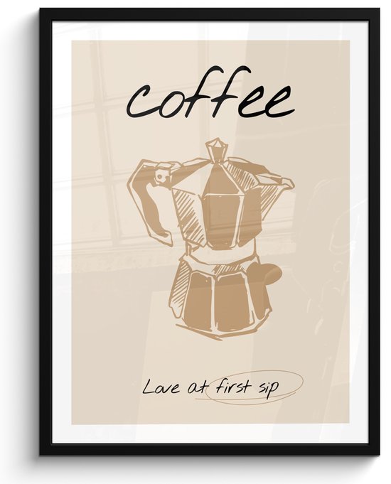 Cadre photo avec affiche - Cadre d'affiche 50x70 cm - Affiches - Café - Citation - Beige - Abstrait - Photo encadrée - Décoration murale cuisine - Accessoires de décoration murale - Décoration murale - Tableaux