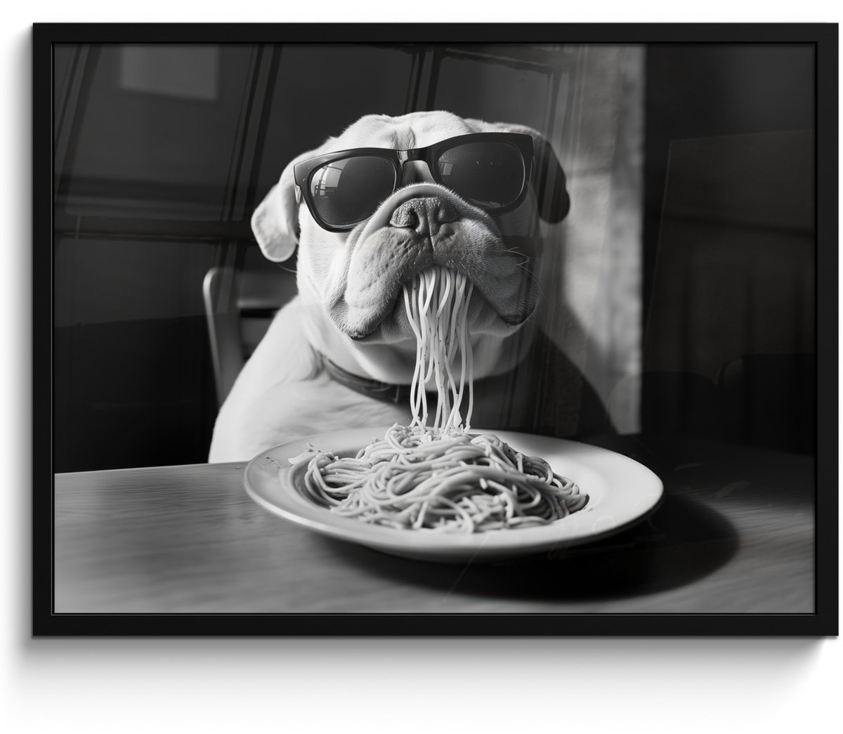 FrameYourWall Poster in lijst - Fotolijst 70x50 cm - Posters - Hond - Bulldog - Pasta - Bril - Stoer - Dieren - Posterlijst zwart - Decoratie - Wanddecoratie woonkamer - Muurdecoratie slaapkamer