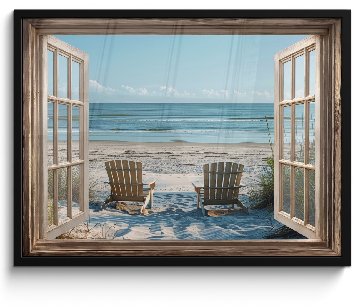 FrameYourWall Poster in lijst - Fotolijst 70x50 cm - Posters - Doorkijk - Strandstoelen - Duinen - Zee - Natuur - Posterlijst zwart - Decoratie - Wanddecoratie woonkamer - Muurdecoratie slaapkamer Strand - Stoelen