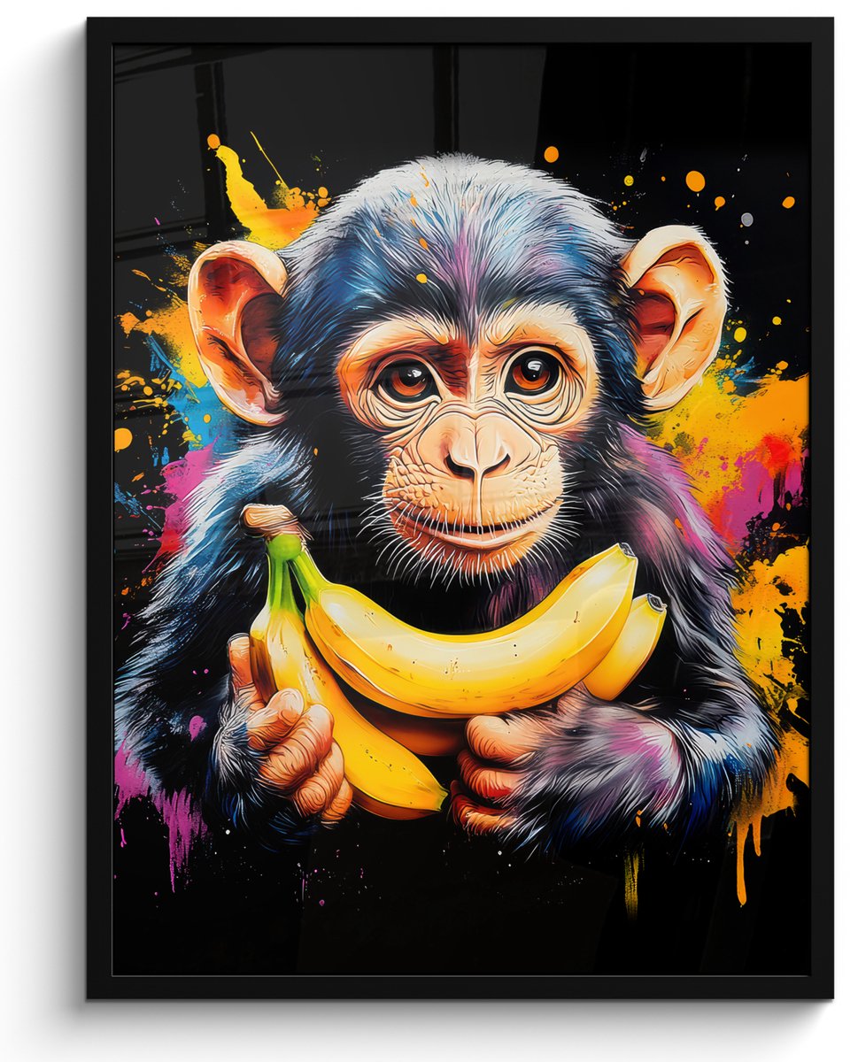 FrameYourWall Poster in lijst - Fotolijst 50x70 cm - Posters - Aap - Graffiti - Kleurrijk - Bananen - Modern - Posterlijst zwart - Decoratie - Wanddecoratie woonkamer - Muurdecoratie slaapkamer Graffiti - Aap