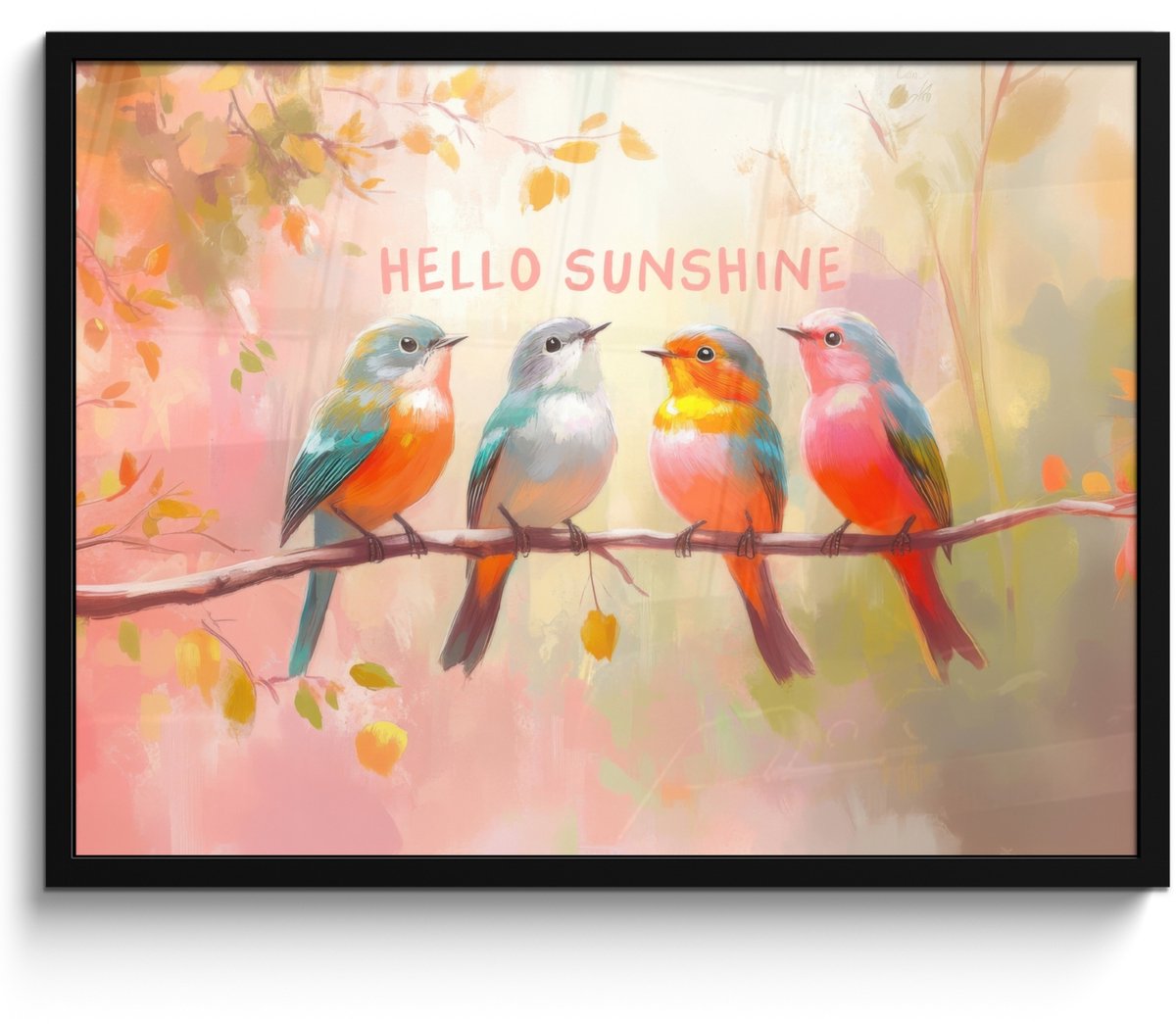 FrameYourWall Poster in lijst - Fotolijst 70x50 cm - Posters - Vogels - Tak - Quote - Roze - Posterlijst zwart - Decoratie - Wanddecoratie woonkamer - Muurdecoratie slaapkamer Vogels - Hello Sunshine