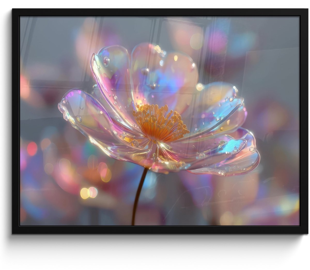 FrameYourWall Poster in lijst - Fotolijst 70x50 cm - Posters - Bloem - Transparant - Pastelkleuren - Druppels - Posterlijst zwart - Decoratie - Wanddecoratie woonkamer - Muurdecoratie slaapkamer Bloem - Transparant - Druppels