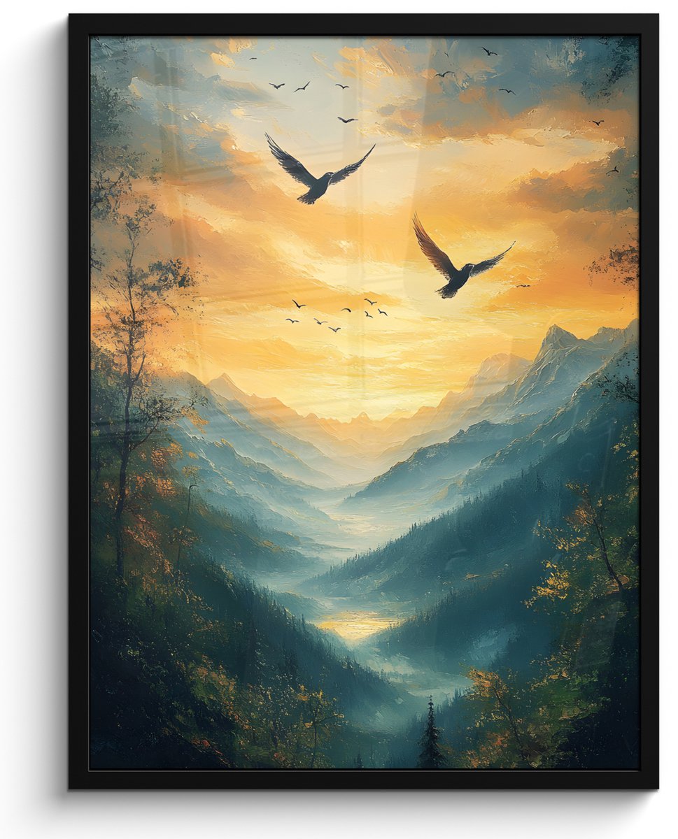 FrameYourWall Poster in lijst - Fotolijst 50x70 cm - Posters - Vogels - Zon - Bomen - Groen - Posterlijst zwart - Decoratie - Wanddecoratie woonkamer - Muurdecoratie slaapkamer Vogels - Bergen