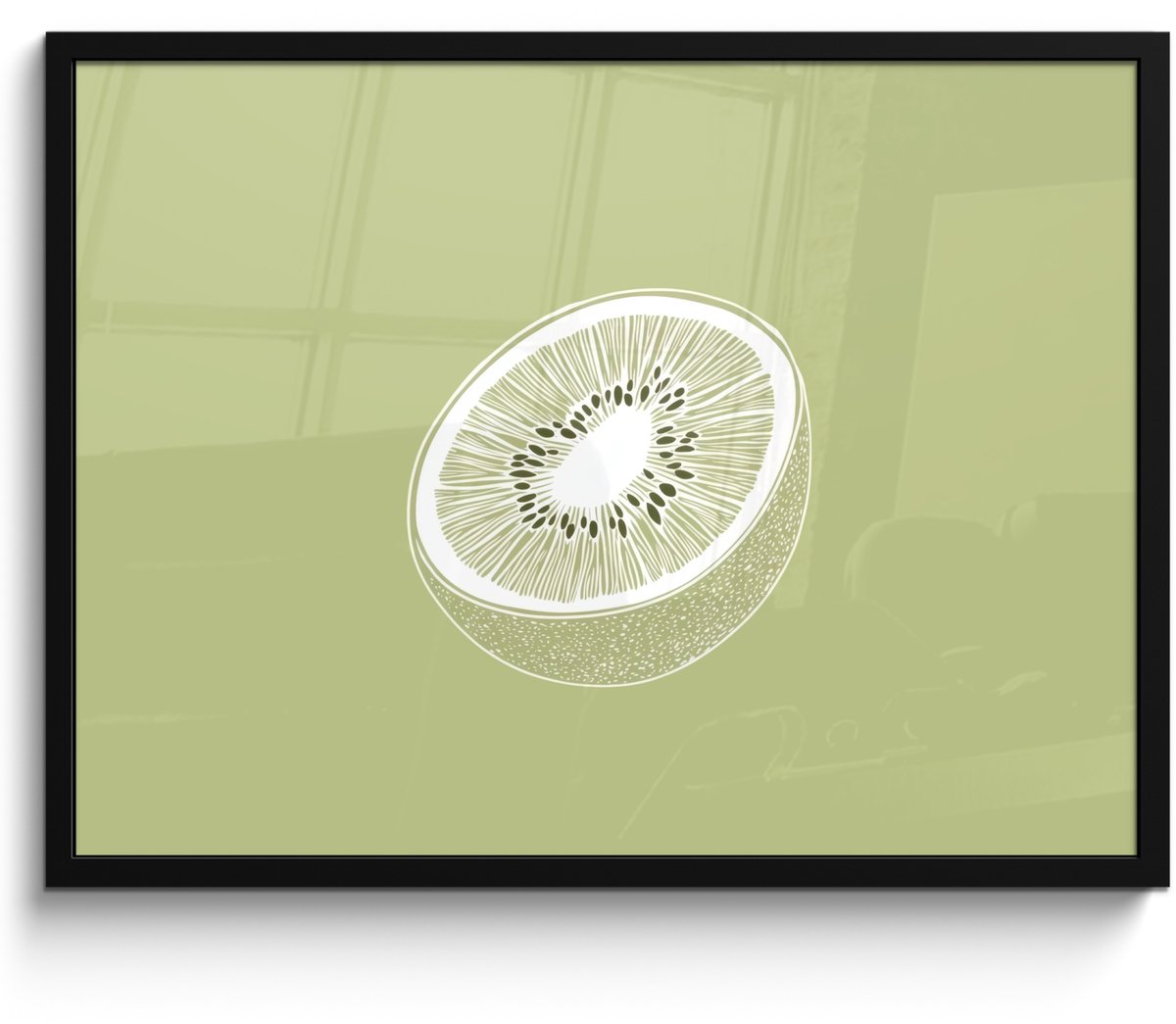 FrameYourWall Poster in lijst - Fotolijst 70x50 cm - Posters - Kiwi - Lijntekening - Minimalistisch - Groen - Posterlijst zwart - Decoratie - Wanddecoratie woonkamer - Muurdecoratie slaapkamer