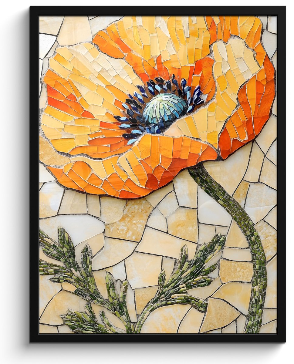 FrameYourWall Poster in lijst - Fotolijst 50x70 cm - Posters - Klaprozen - Oranje - Mozaïek - Bladeren - Posterlijst zwart - Decoratie - Wanddecoratie woonkamer - Muurdecoratie slaapkamer