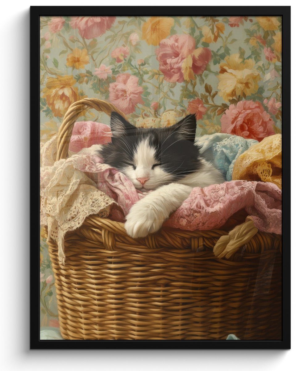 FrameYourWall Poster in lijst - Fotolijst 50x70 cm - Posters - Kat - Bloemenprint - Rieten mand - Posterlijst zwart - Decoratie - Wanddecoratie woonkamer - Muurdecoratie slaapkamer Kat - Bloemenprint - Mand