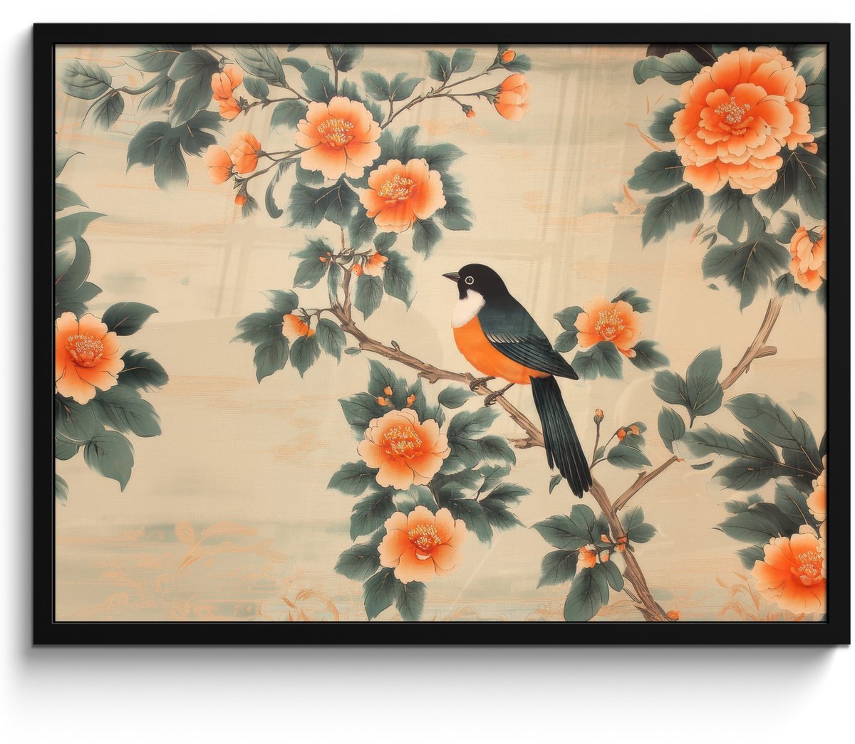 FrameYourWall Poster in lijst - Fotolijst 70x50 cm - Posters - Vogel - Tak - Bloemen - Oranje - Posterlijst zwart - Decoratie - Wanddecoratie woonkamer - Muurdecoratie slaapkamer