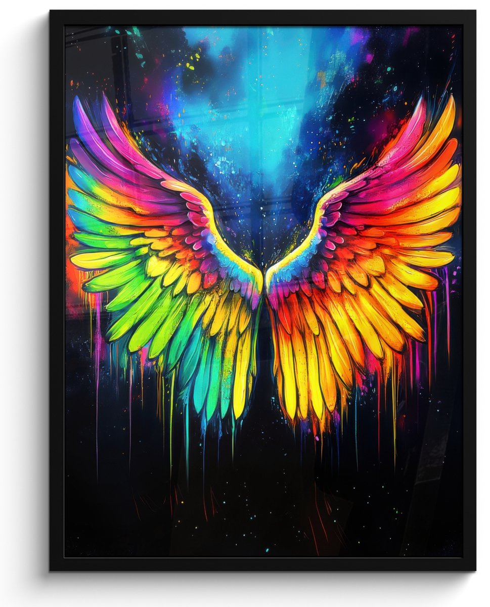FrameYourWall Poster in lijst - Fotolijst 50x70 cm - Posters - Regenboogkleuren - Vleugels - Magisch - Posterlijst zwart - Decoratie - Wanddecoratie woonkamer - Muurdecoratie slaapkamer