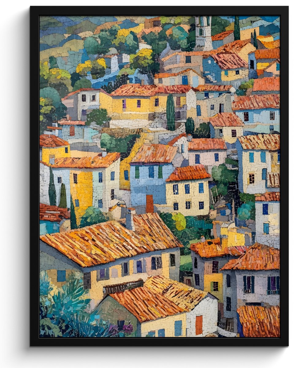 FrameYourWall Poster in lijst - Fotolijst 50x70 cm - Posters - Dorp - Heuvels - Landschap - Bomen - Posterlijst zwart - Decoratie - Wanddecoratie woonkamer - Muurdecoratie slaapkamer