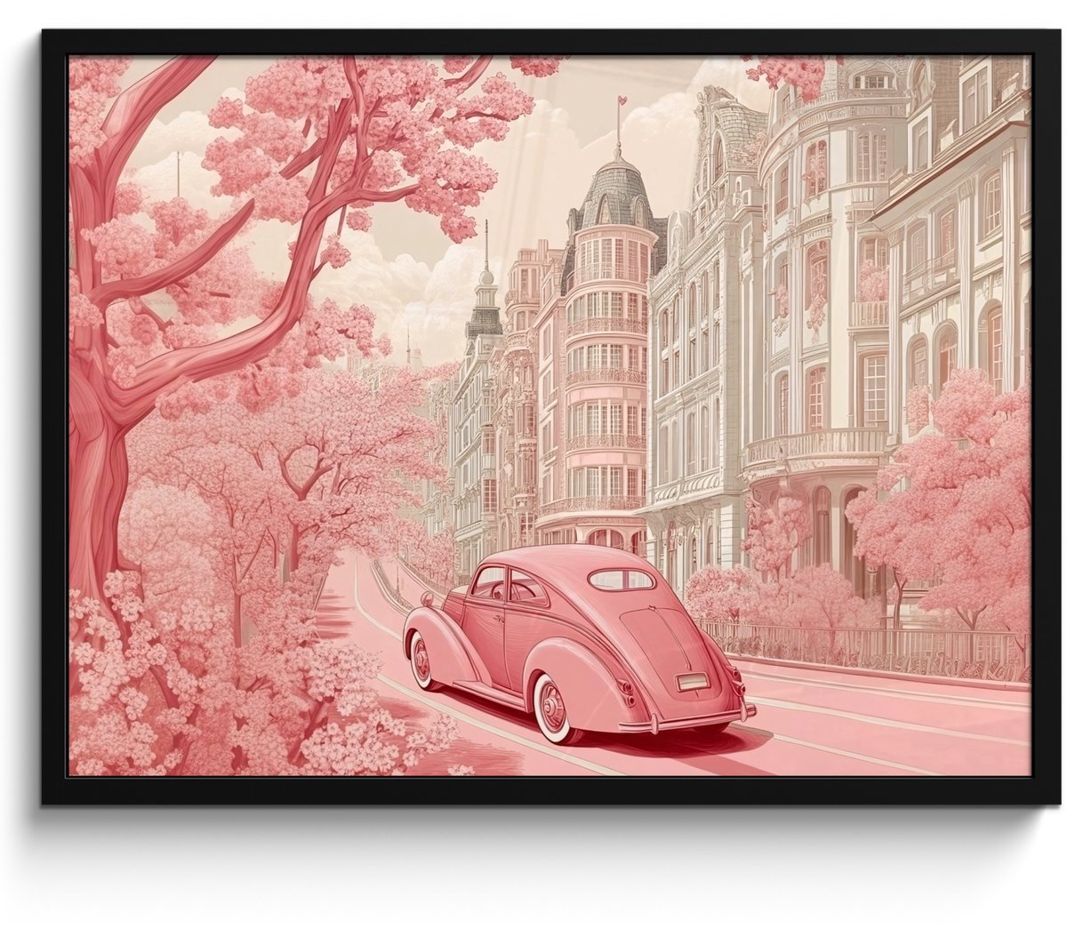 FrameYourWall Poster in lijst - Fotolijst 70x50 cm - Posters - City - Car - Pink - Posterlijst zwart - Decoratie - Wanddecoratie woonkamer - Muurdecoratie slaapkamer Auto - Stad