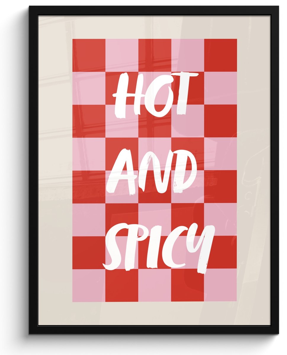 FrameYourWall Fotolijst inclusief poster - Posterlijst 50x70 cm - Posters - Hot - Spicy - Geruit - Rood - Foto in lijst - Keuken decoratie muur - Wanddecoratie accessoires - Muurdecoratie - Schilderijen Quote - Hot and spicy