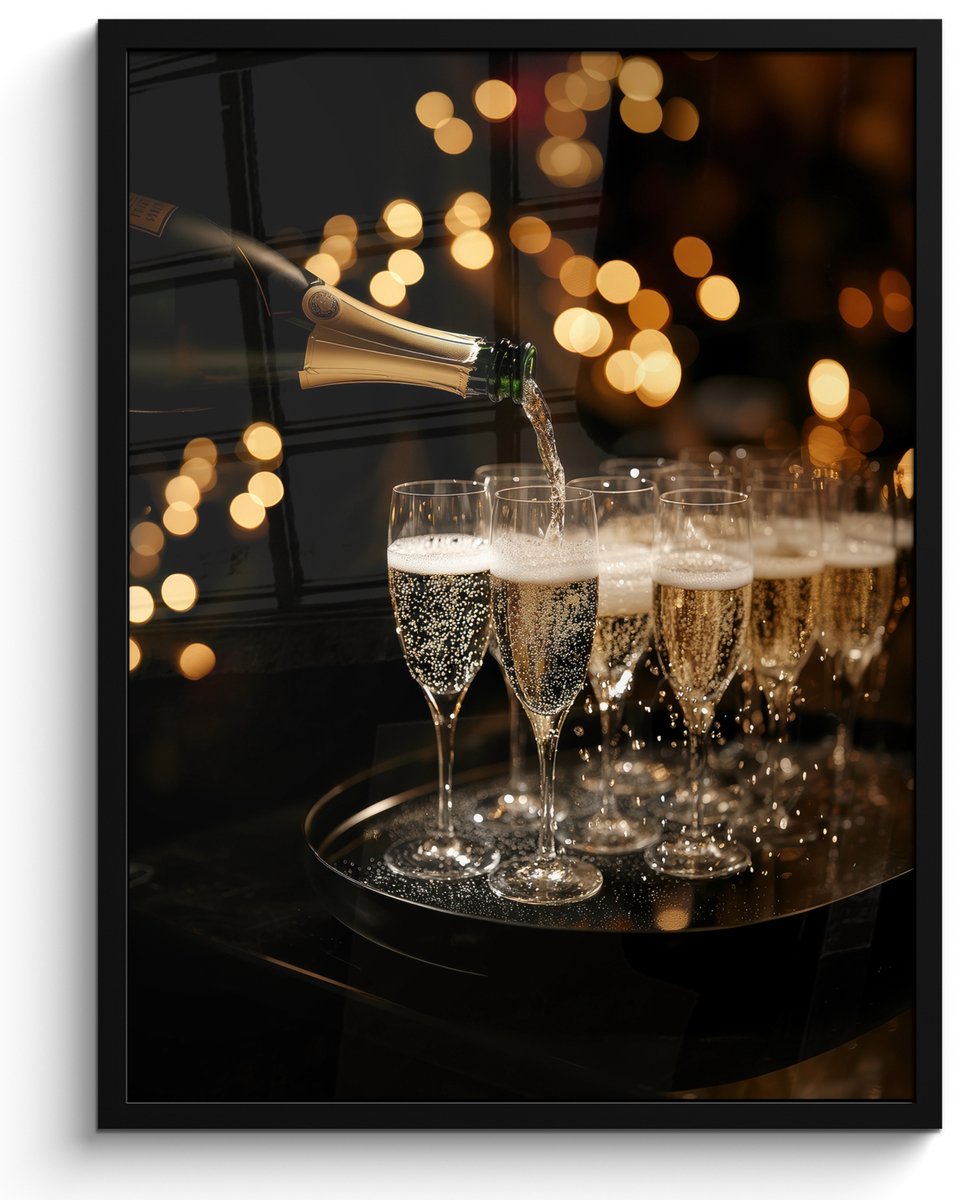 FrameYourWall Fotolijst inclusief poster - Posterlijst 50x70 cm - Posters - Lichtjes - Champagne - Dienblad - Glazen - Foto in lijst - Keuken decoratie muur - Wanddecoratie accessoires - Muurdecoratie - Schilderijen Champagne - Glazen
