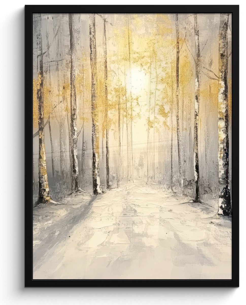 FrameYourWall Poster in lijst - Fotolijst 50x70 cm - Posters - Winter - Abstract - Sneeuw - Natuur - Zon - Posterlijst zwart - Decoratie - Wanddecoratie woonkamer - Muurdecoratie slaapkamer Winter - Bos