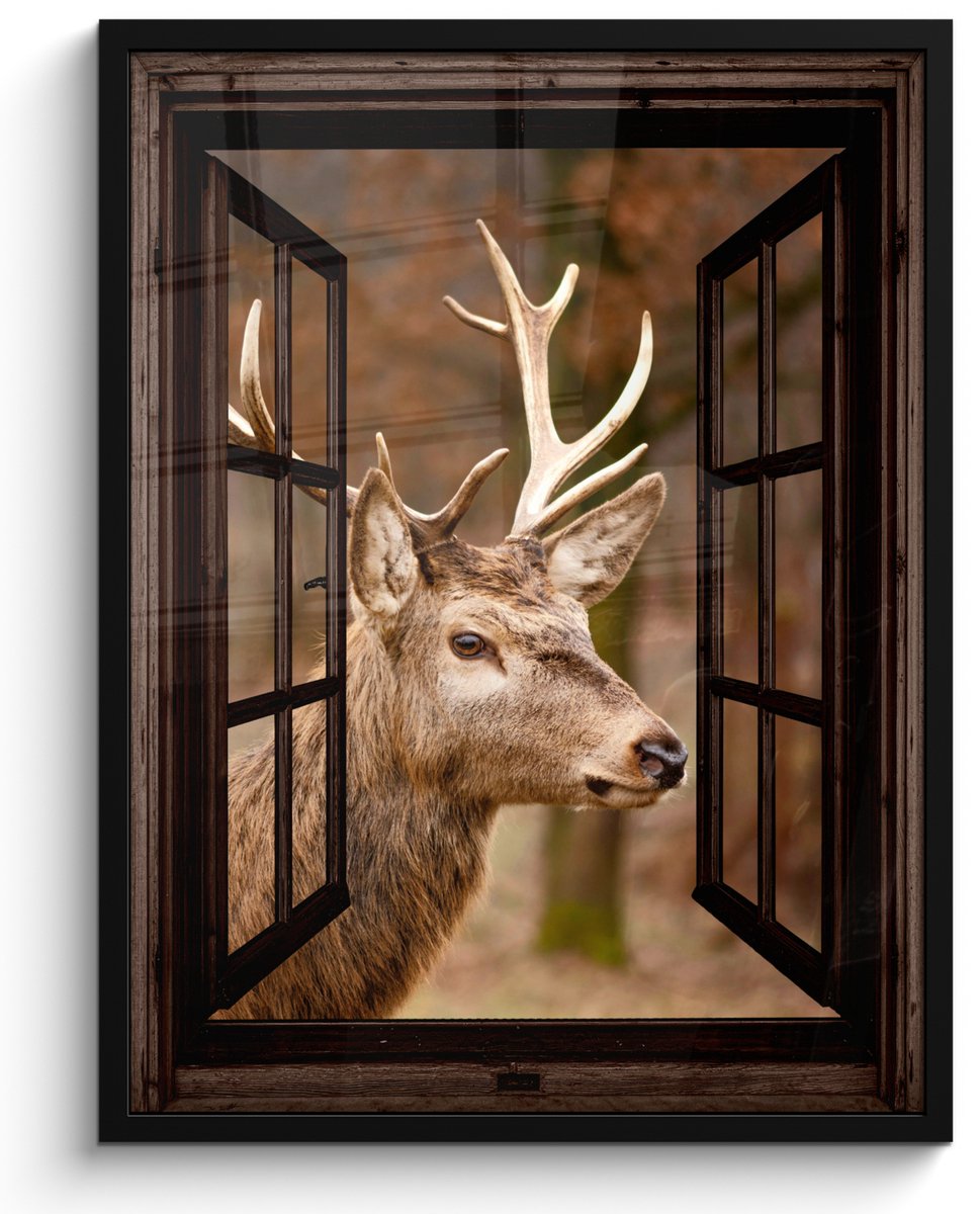 FrameYourWall Poster in lijst - Fotolijst 50x70 cm - Posters - Hert - Dier - Bos - Herfst - Hertenkop - Bruin - Doorkijk - Posterlijst zwart - Decoratie - Wanddecoratie woonkamer - Muurdecoratie slaapkamer