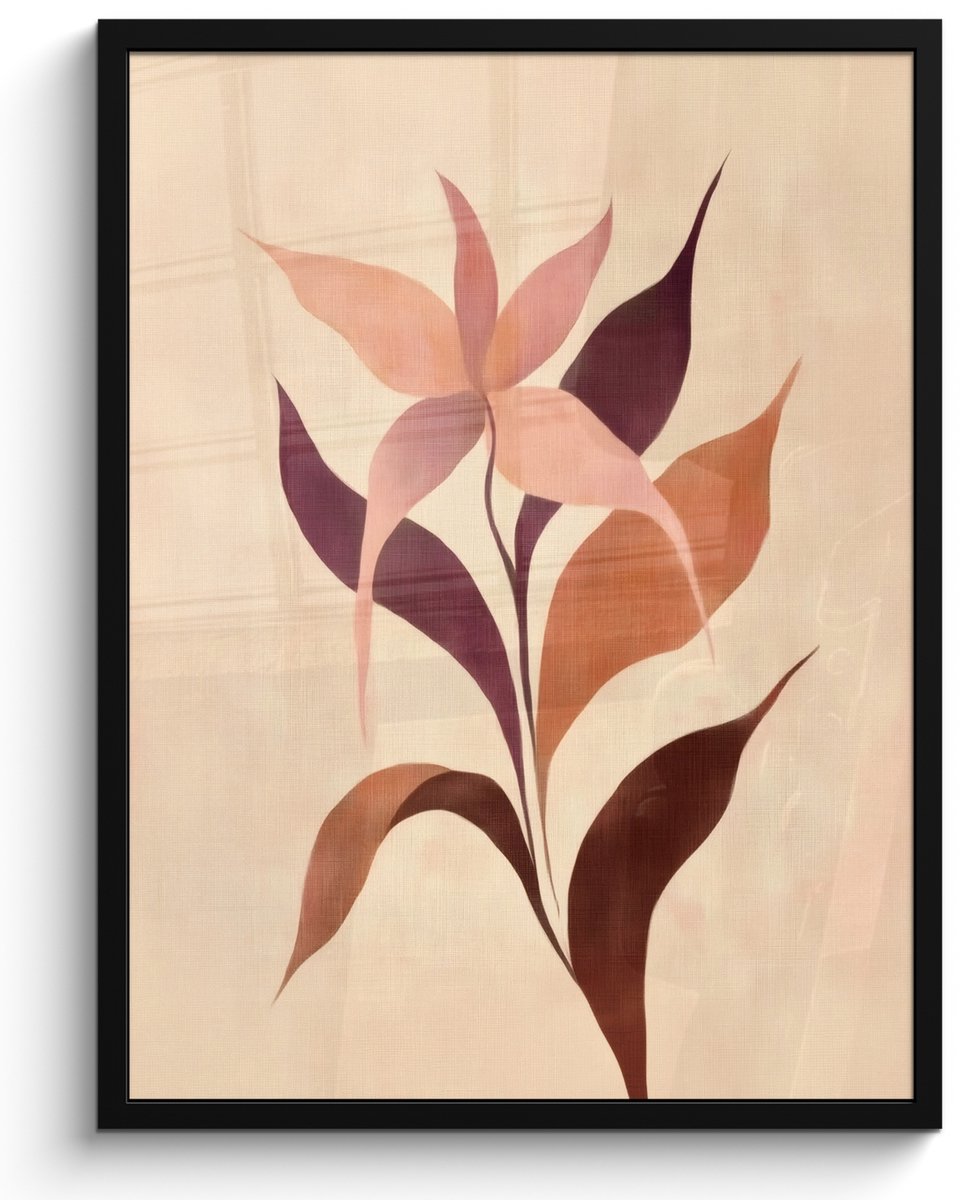 FrameYourWall Poster in lijst - Fotolijst 50x70 cm - Posters - Minimalistisch - Bloem - Bladeren - Beige - Posterlijst zwart - Decoratie - Wanddecoratie woonkamer - Muurdecoratie slaapkamer