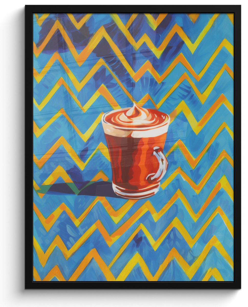 FrameYourWall Poster in lijst - Fotolijst 50x70 cm - Posters - Mok - Koffie - Zigzag - Slagroom - Posterlijst zwart - Decoratie - Wanddecoratie woonkamer - Muurdecoratie slaapkamer Mok - Schuim