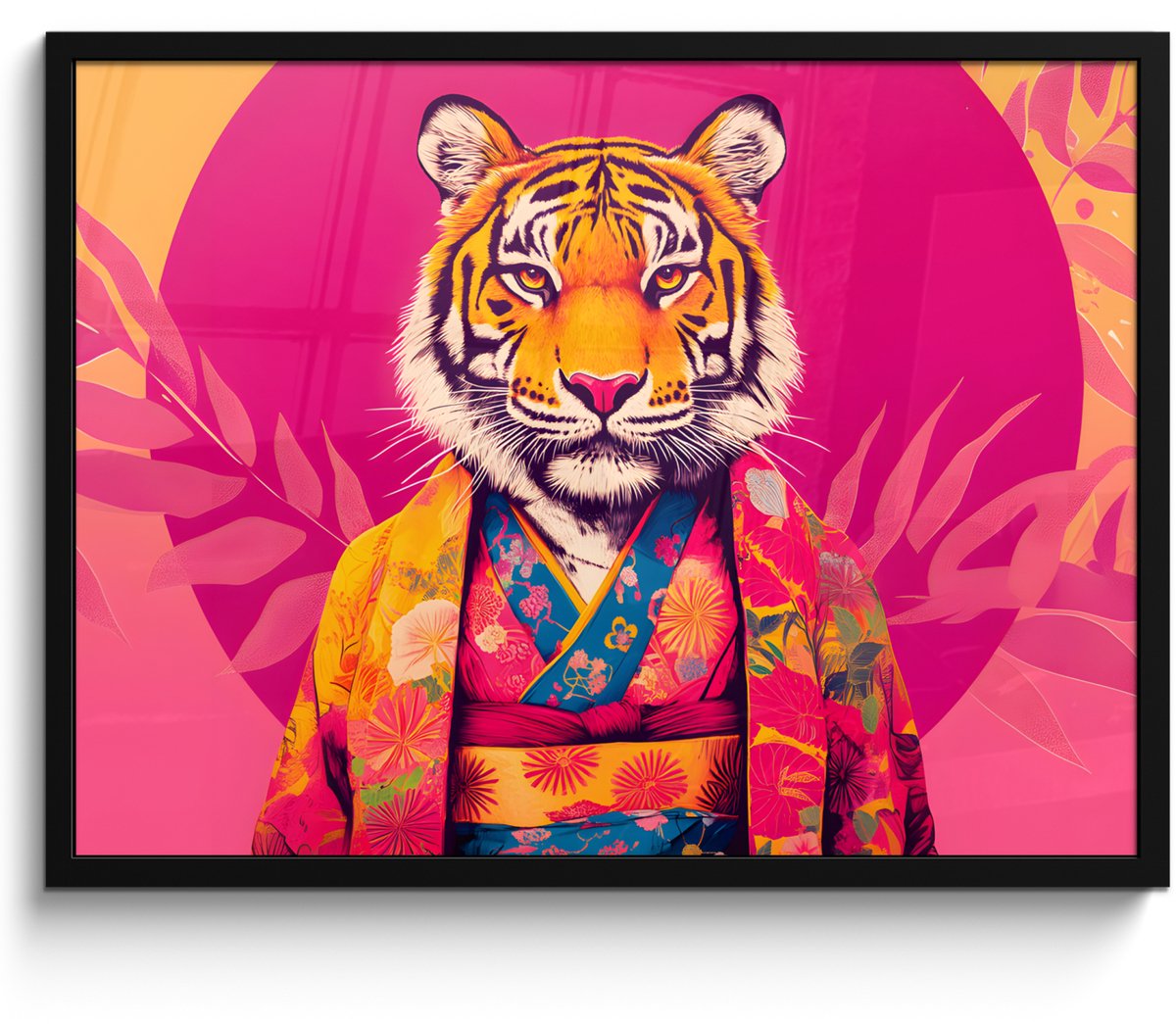 FrameYourWall Poster in lijst - Fotolijst 70x50 cm - Posters - Tijger - Kimono - Planten - Roze - Posterlijst zwart - Decoratie - Wanddecoratie woonkamer - Muurdecoratie slaapkamer