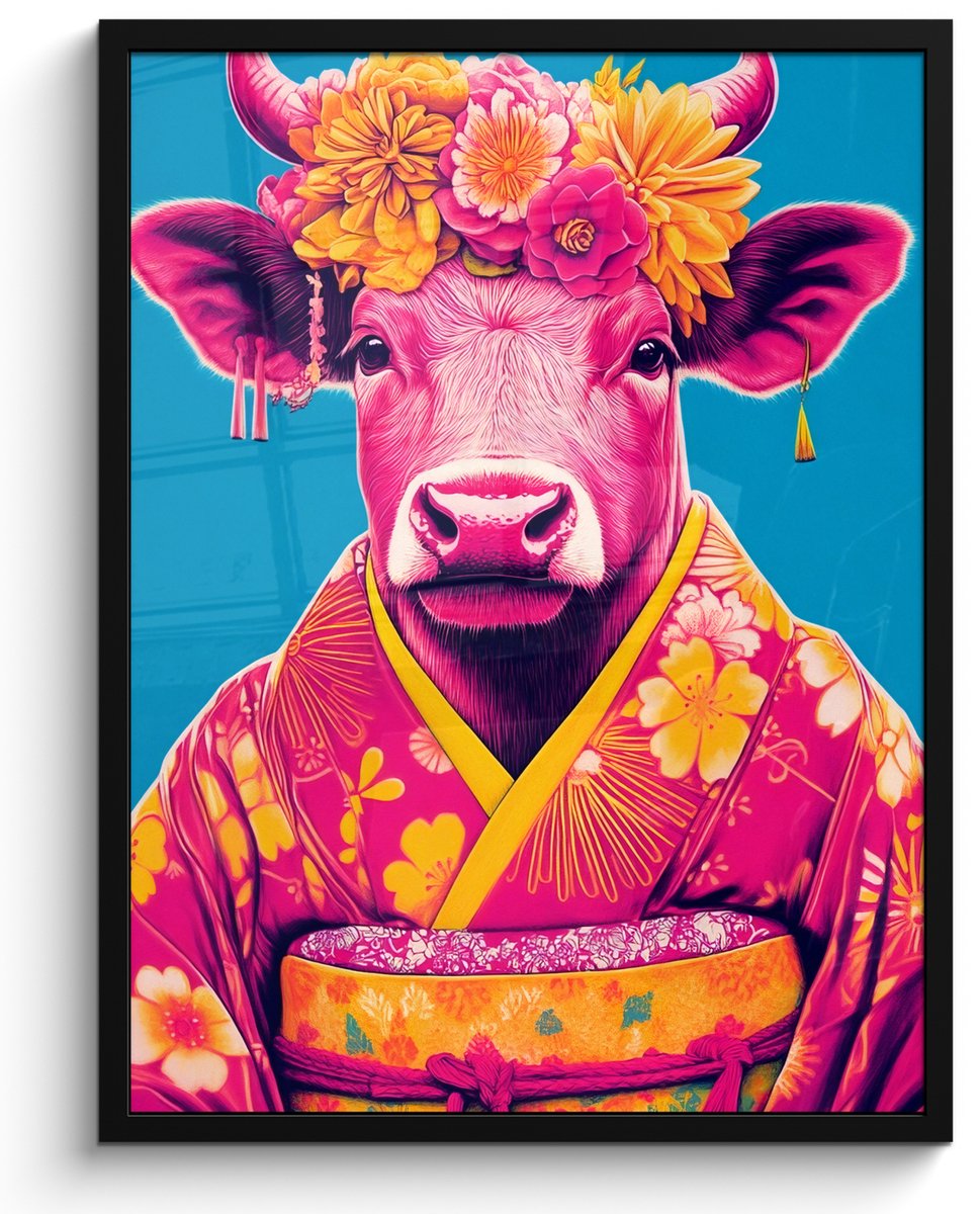 FrameYourWall Poster in lijst - Fotolijst 50x70 cm - Posters - Koe - Bloemenkrans - Oorhangers - Kimono - Posterlijst zwart - Decoratie - Wanddecoratie woonkamer - Muurdecoratie slaapkamer