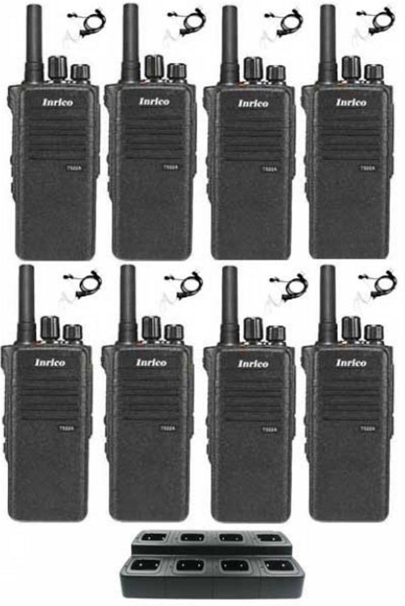 Set van 8 Inrico T522A IP66 4G LTE POC Zello Portofoon K1 2-Pins met multilader en beveiligingoortje
