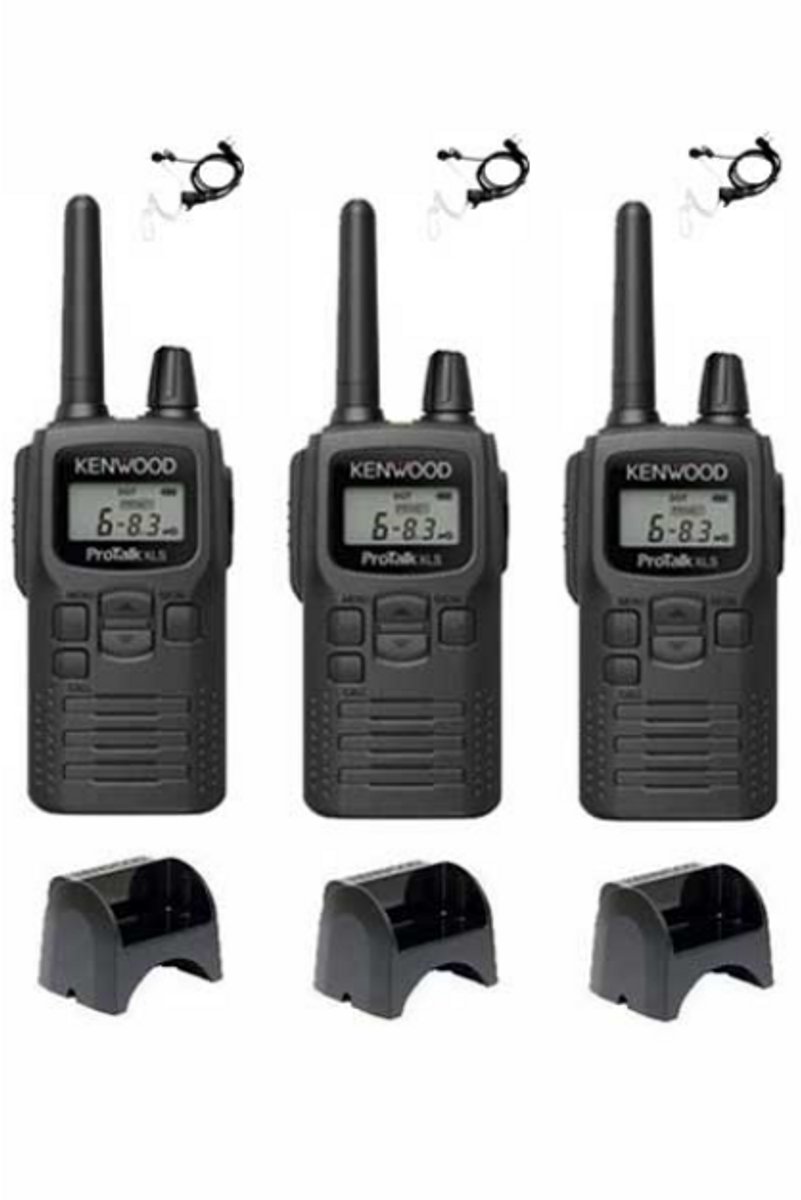 Set van 3 Kenwood PKT-300 ProTalk XLS IP52 PMR446 mini portofoons en C-ring oortje