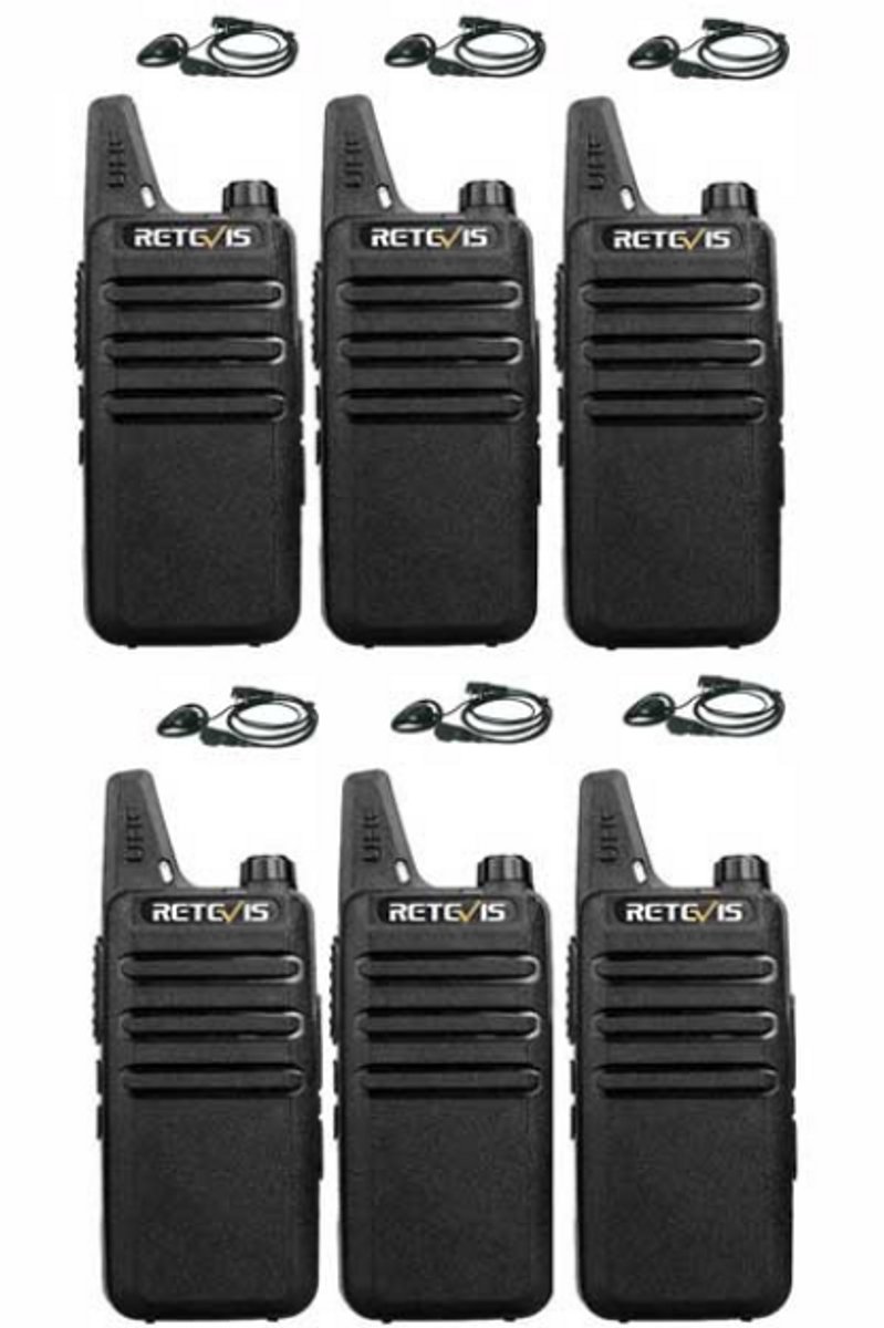 Set van 6 Retevis RT622 vergunning vrije UHF mini portofoons met D-shape oortje