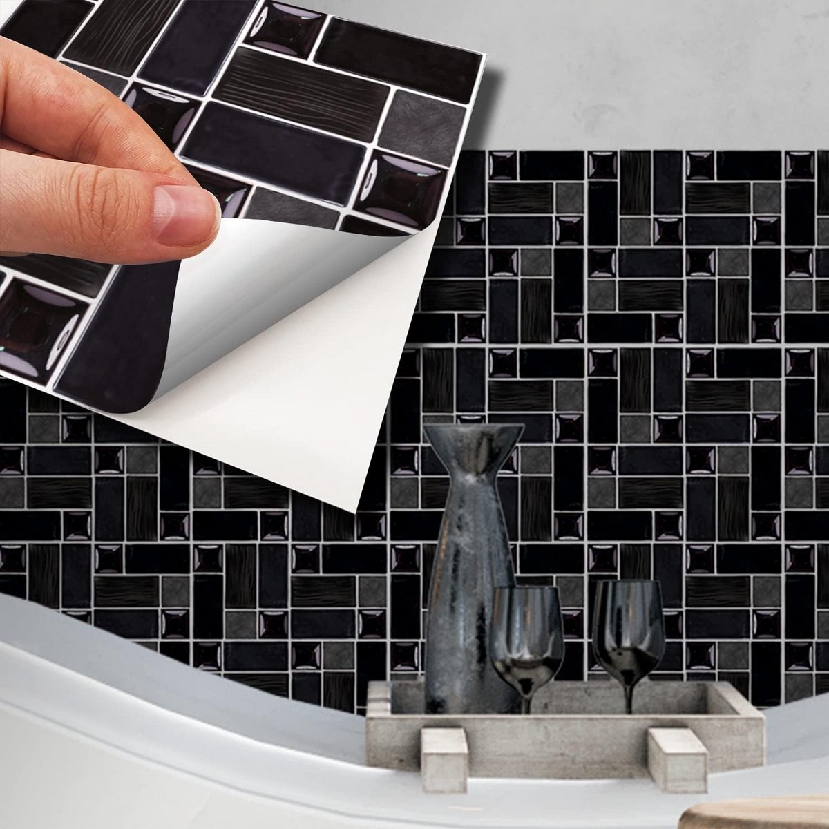 Zelfklevende Mozaïek Wandtegelstickers Glanzend Zwart 24 Stuks Voor Keuken en Badkamer
