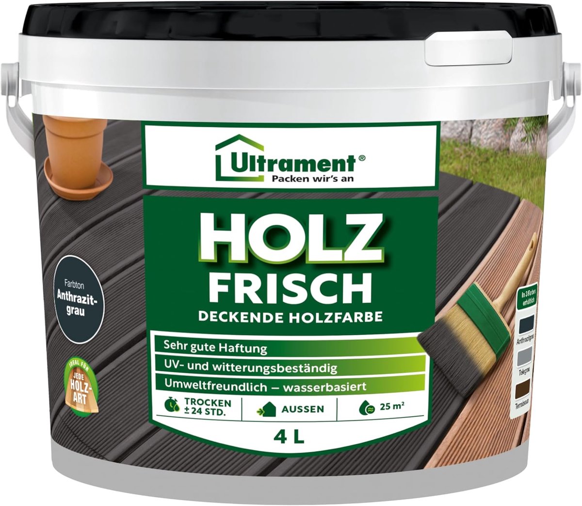 Ultrament Wood Fresh - Dekkende houtverf, vloerverf voor buitenhout, 4 liter (antracietgrijs)