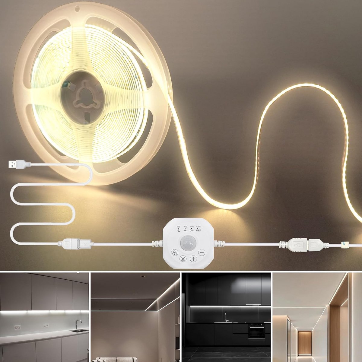 USB Bewegingssensor LED Strip met Dimmer, 5 Meter, Natuurlijk Wit Licht