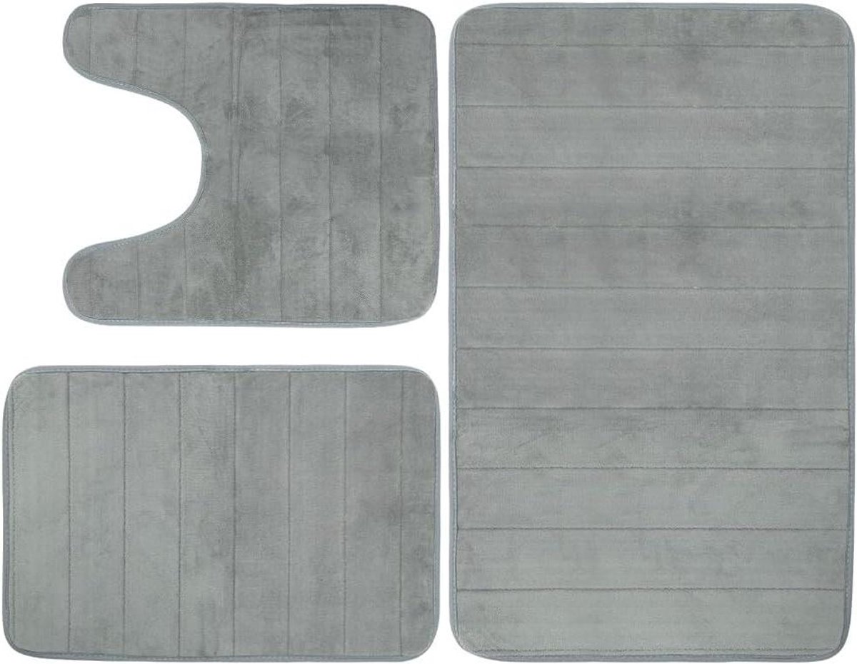 3-delige Antislip Badmat Set - Absorberend en Wasbaar voor Badkamer - Lichtgrijs Kleur - G