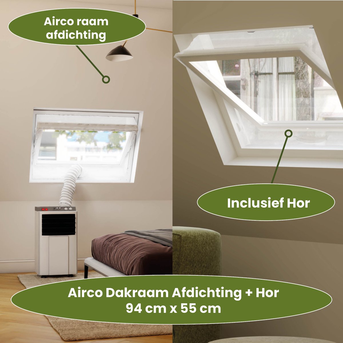 Airco Dakraam Afdichting met Hor – 94 x 55 cm - Geschikt voor Inbouw Velux: PK25 (GGL 425, p25) - Slang Afsluiten - Airco Tuimelvenster Oplossing – Airco Raamafdichtingskit Mobiele Airco