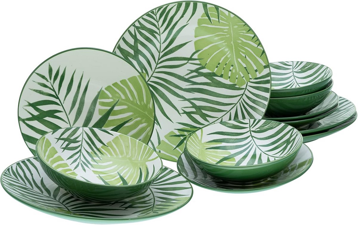 Servies 12-delig set met tropisch bladpatroon groen en zwart