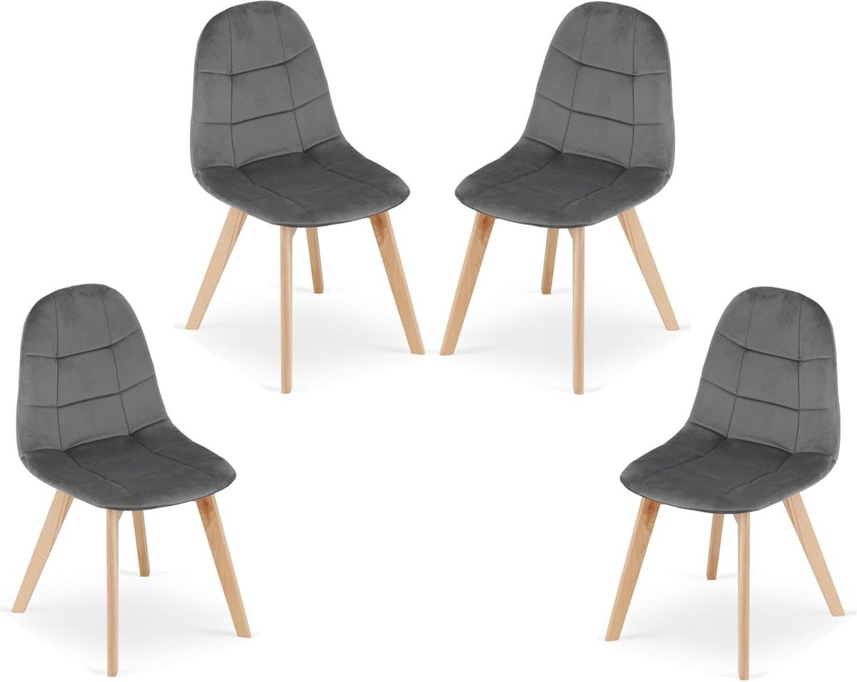 Set van 4 Eetkamerstoelen Donkergrijs Fluweel met Houten Frame